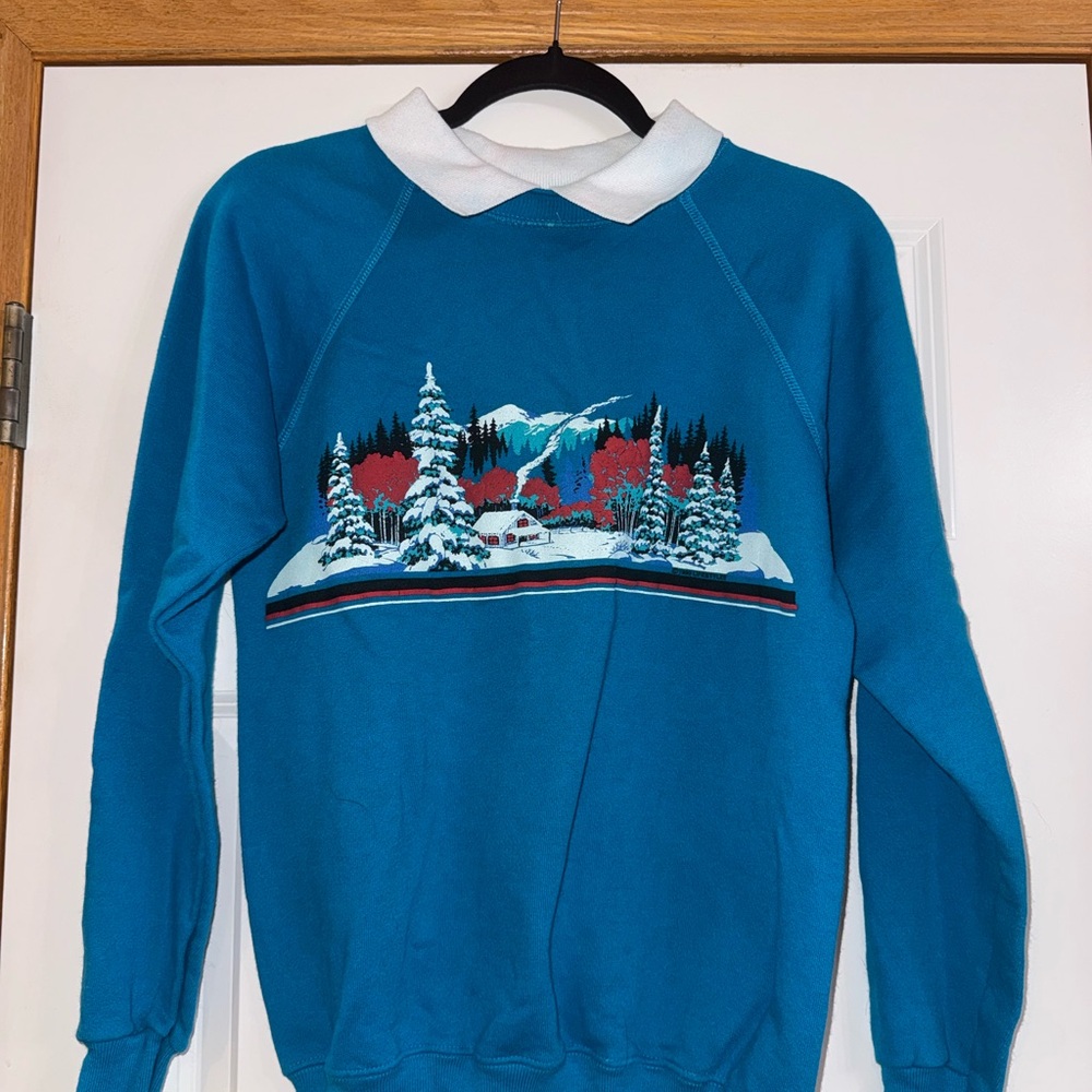 Vintage Winter Scene Blue collared Sweater
